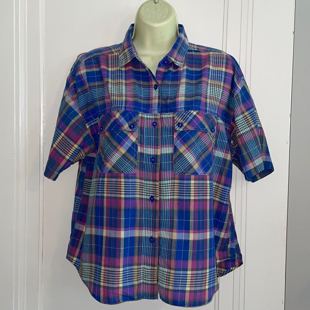 Vintage 80s blue,‎ pink, white, yellow, purple & orange plaid short sleeve shirt
